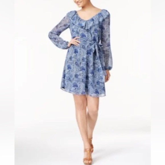 Michael Kors Blue Dress Paisley Ruffle Neck Shift Boho Peasant SZ L Cottagecore - Picture 8 of 8